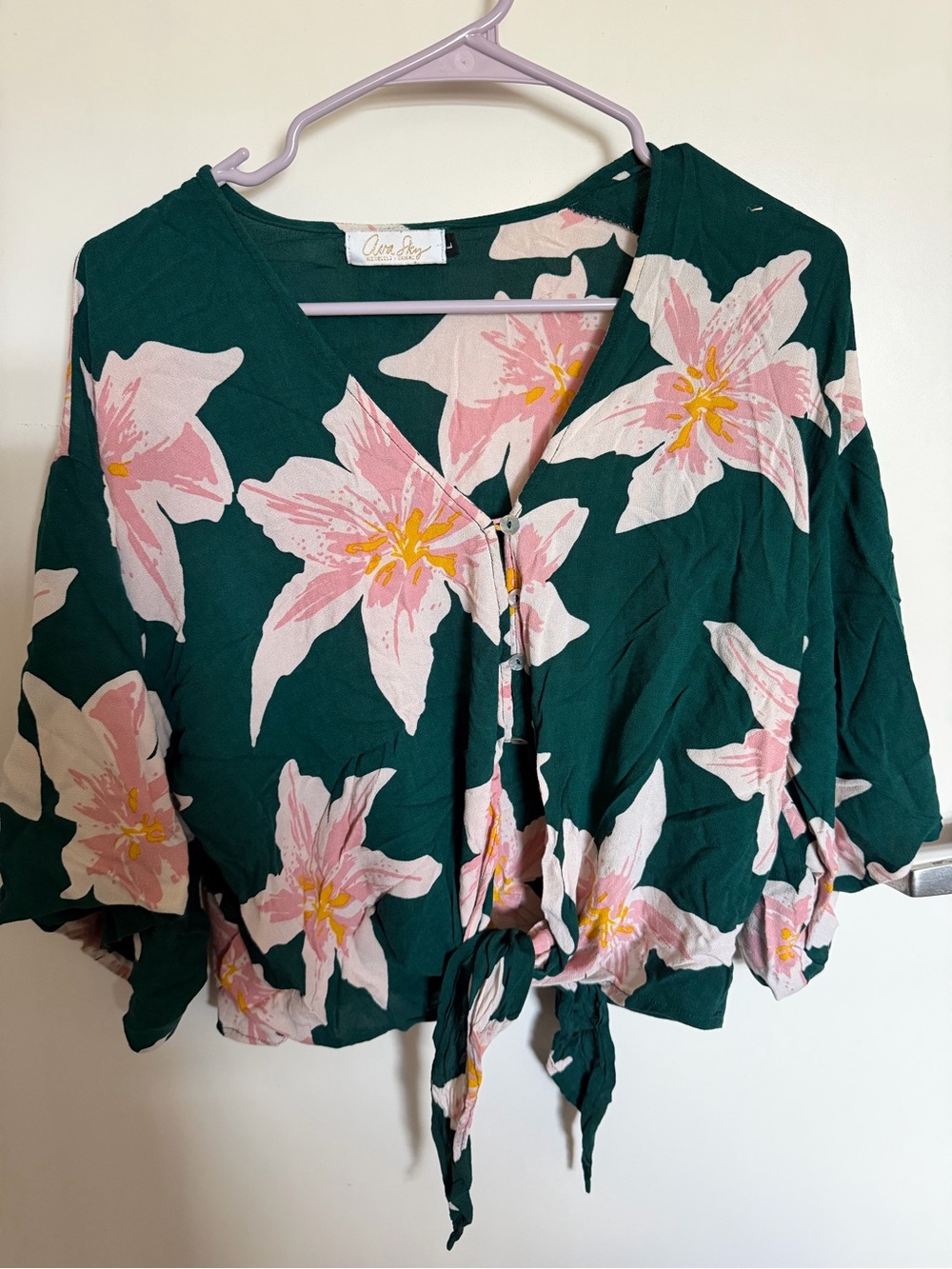 Ava Sky Dark Green Floral Tie-Front Blouse